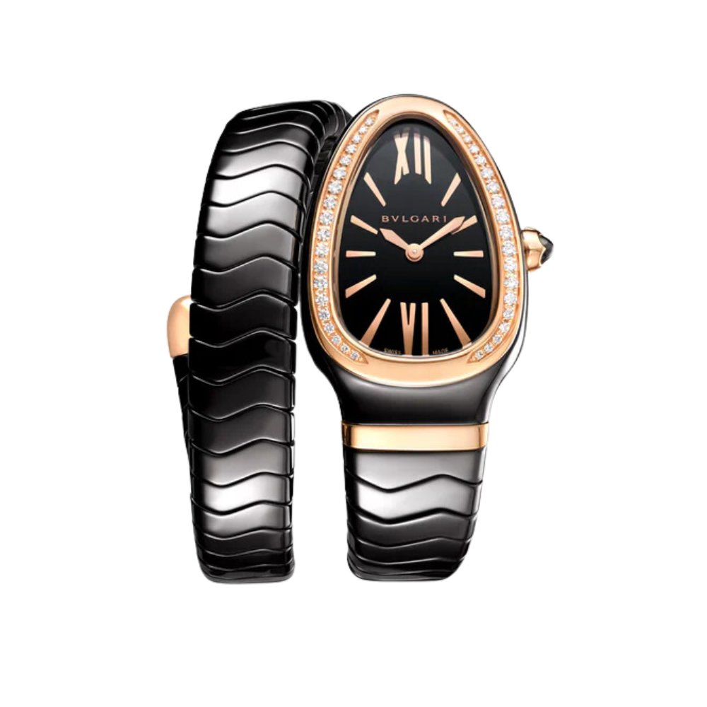 Bulgari 102532 35MM Quartz Serpenti Spiga Black Ceramic/Rose Gold Diamond Bezel Black Dial Single Coil