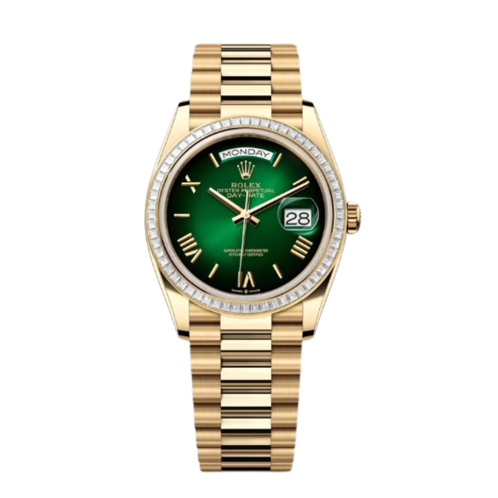 Rolex Day-Date Ref. 128398TBR 36MM Yellow Gold Case Ombré Green Dial Diamond Set Bezel