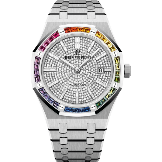 Audemars Piguet Royal Oak Ref. 15413BC.YY.1220BC.01 41MM White Gold Pave Dial with Rainbow Bezel