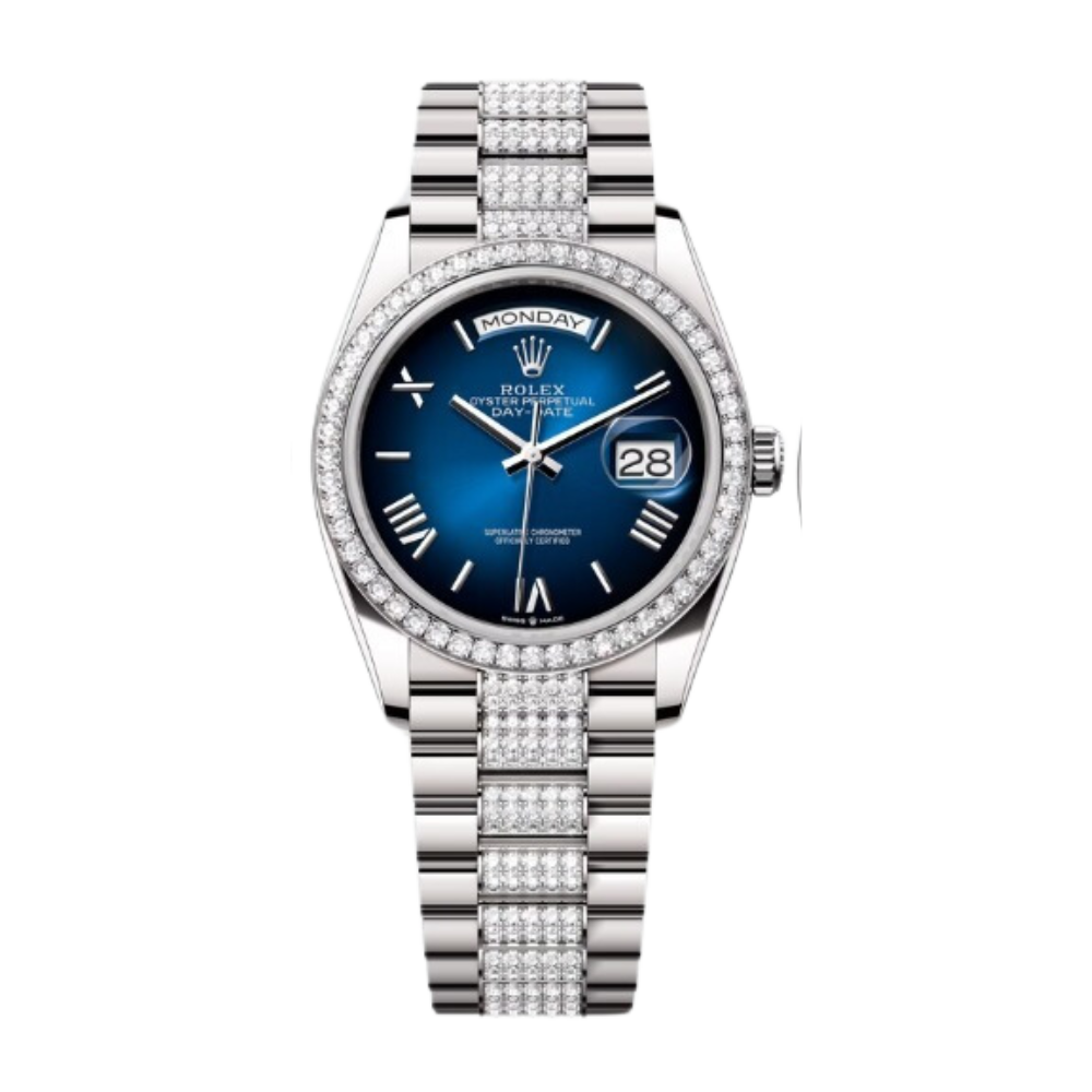 Rolex Day-Date Ref. 128349RBR 36MM White Gold Case Ombré Blue Dial Diamond Bezel and Links