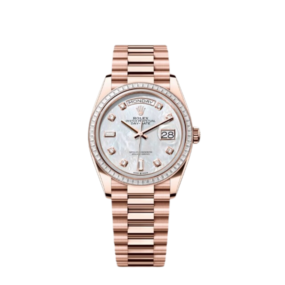 Rolex Day-Date Ref. 128395TBR 36MM Everose Gold Case Mother of Pearl Dial with Diamonds and Diamond Set Bezel