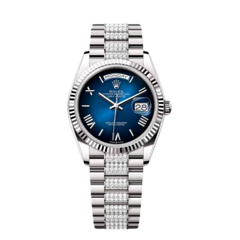 Rolex Day-Date Ref. 128239 36MM White Gold Case Ombré Blue Dial Diamond Set Links