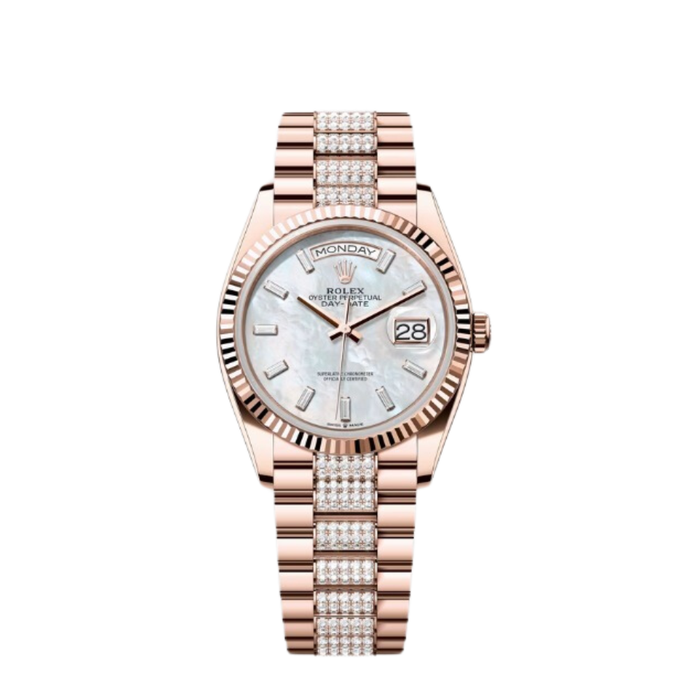 Rolex Day-Date Ref. 128235 36MM Everose Gold Case Mother of Pearl Dial with Baguette Diamonds and Diamond Set Links