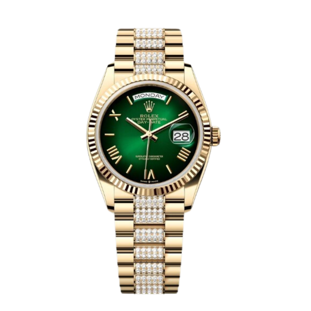 Rolex Day-Date Ref. 128238 36MM Yellow Gold Case Ombré Green Dial Diamond Set Links