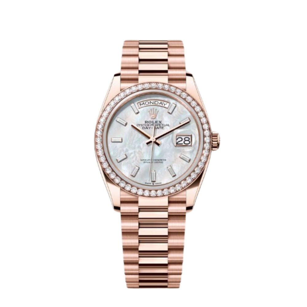 Rolex Day-Date Ref. 128345RBR 36MM Everose Gold Case Mother of Pearl Dial with Baguette Diamonds and Diamond Set Bezel