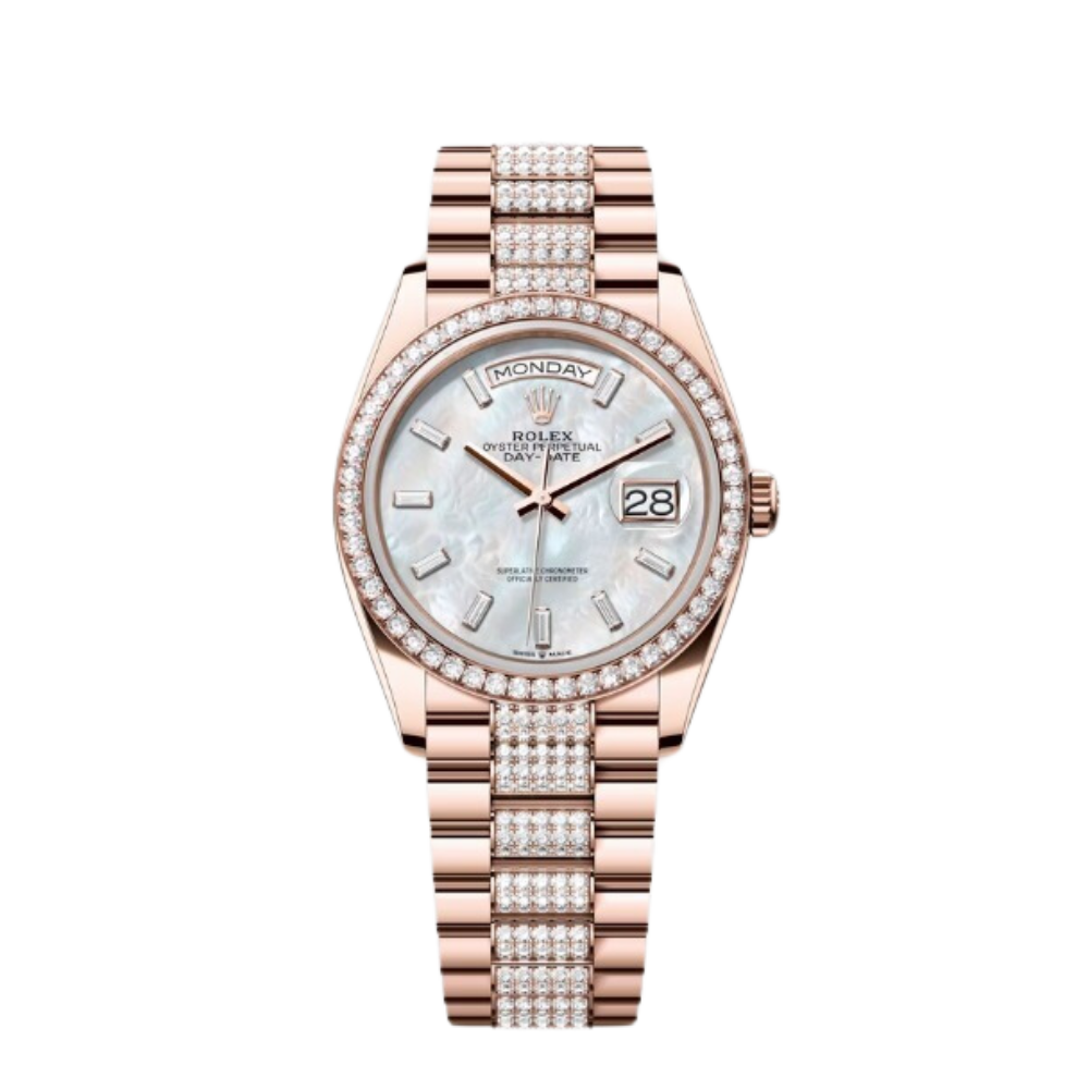 Rolex Day-Date Ref. 128345RBR 36MM Everose Gold Case Mother of Pearl Dial with Diamonds and Diamond Set Bezel and Links