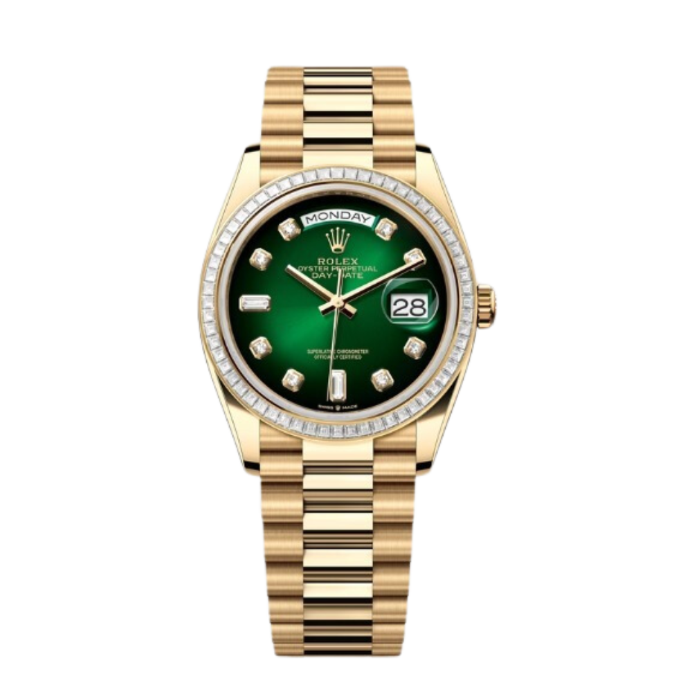 Rolex Day-Date Ref. 128398TBR 36MM Yellow Gold Case Ombré Green Dial Diamond Bezel and Markers