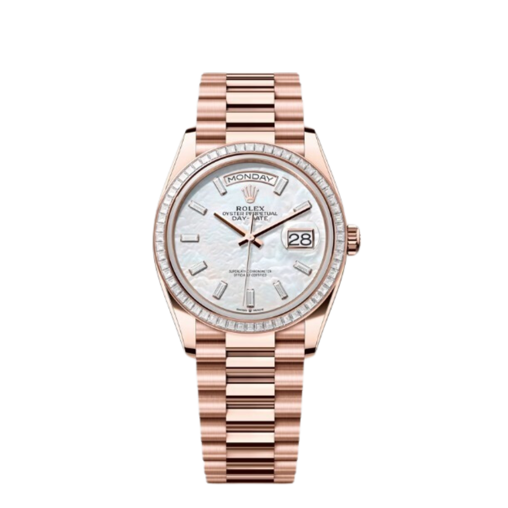 Rolex Day-Date Ref. 128395TBR 36MM Everose Gold Case Mother of Pearl Dial with Baguette Diamonds and Diamond Set Bezel