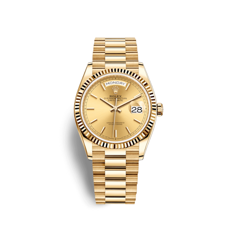 128238 36MM Yellow Gold Day Date Champagne Stick Dial