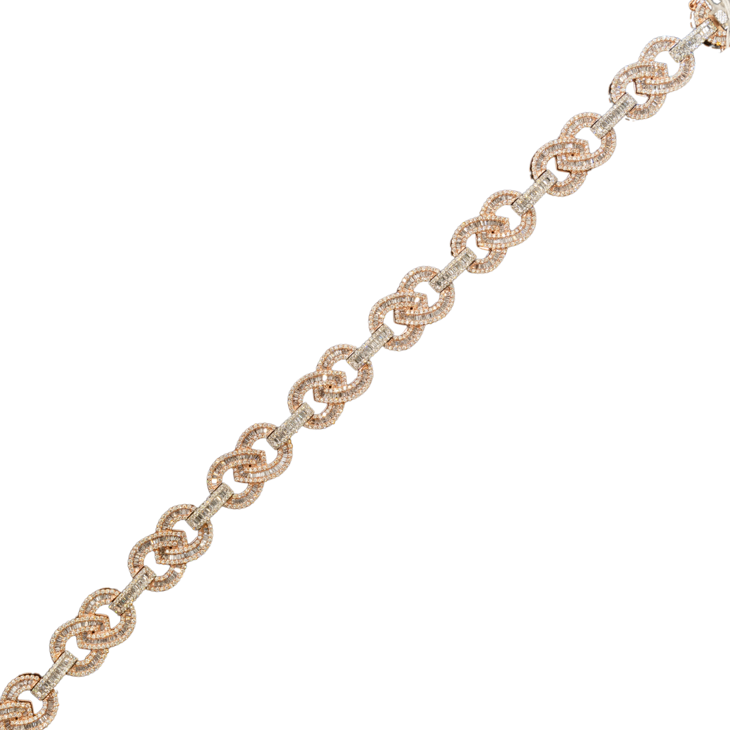 10k 2-Tone Rose & White Gold Infinity Link Diamond Bracelet with Rounds and Baguette Stones - 9.5 inches - 14mm - 55.7 grams - 7.70 cts