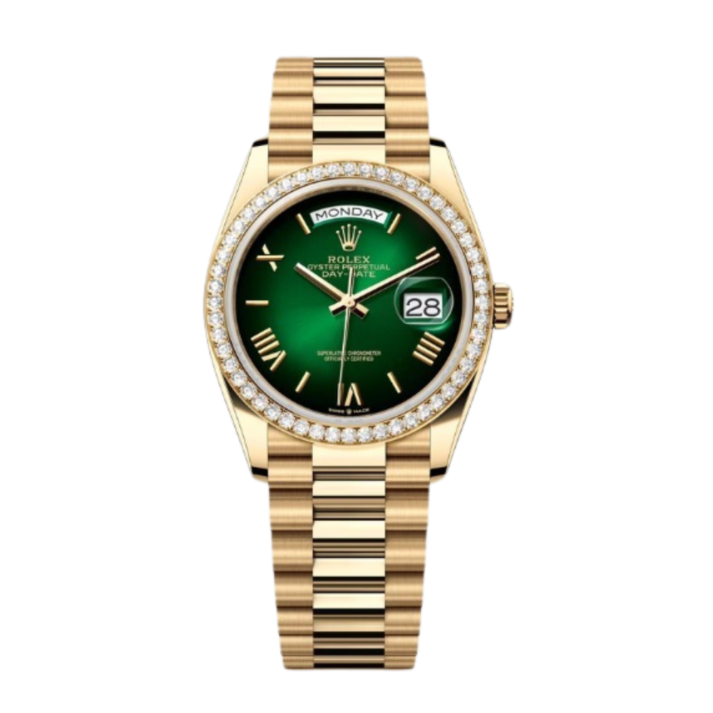 Rolex Day-Date Ref. 128348RBR 36MM Yellow Gold Case Ombré Green Dial Diamond Set Bezel