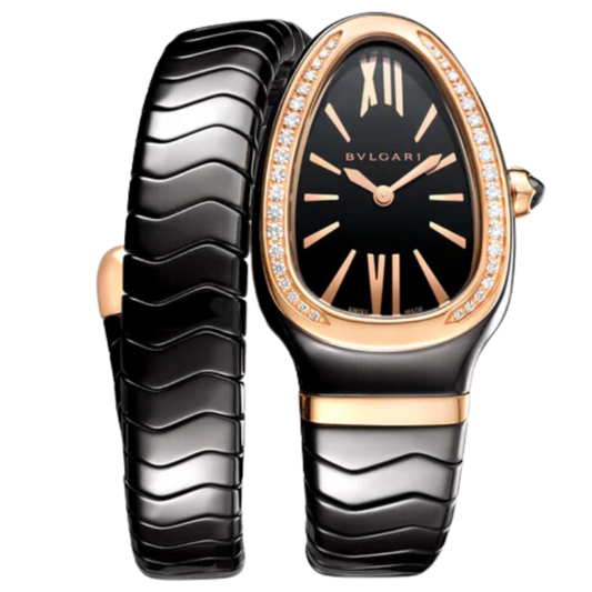 Bvlgari Ref. 102532 Black Ceramic Black Dial Single Coil Serpenti with Rose Gold/Diamond Bezel
