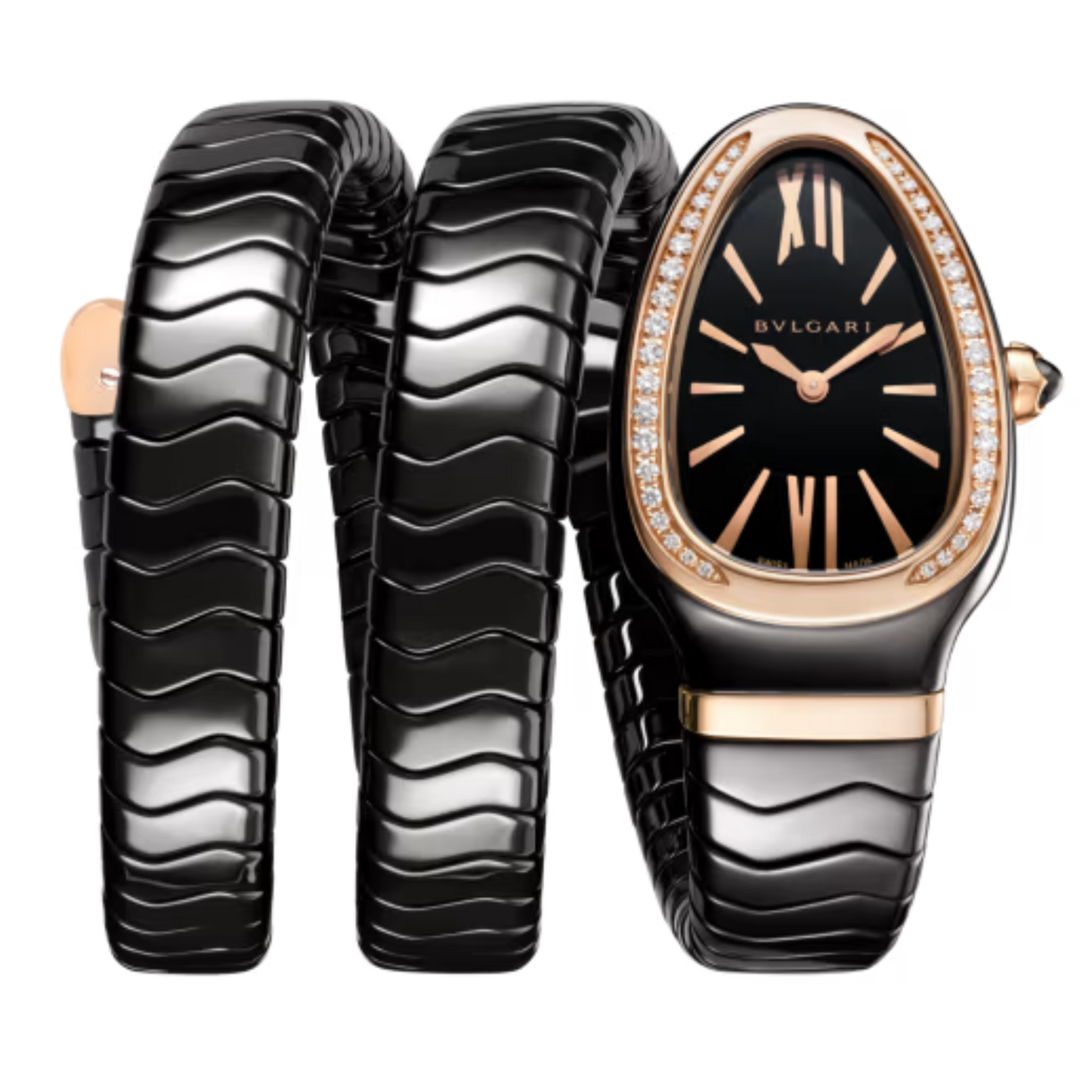 Bvlgari Ref. 102885 Black Ceramic Black Dial Double Coil Serpenti with Rose Gold/Diamond Bezel