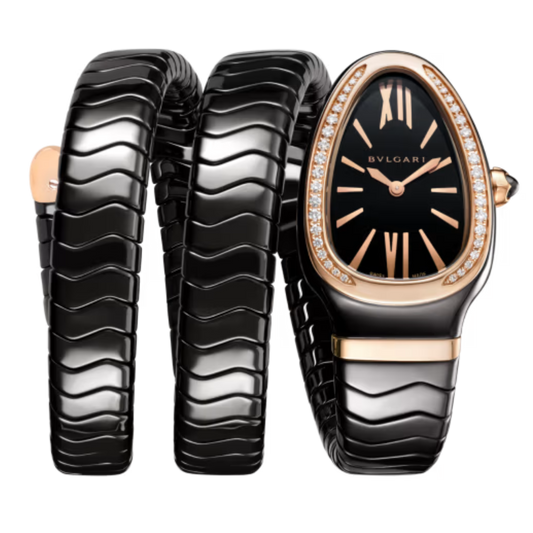 Bvlgari Ref. 102885 Black Ceramic Black Dial Double Coil Serpenti with Rose Gold/Diamond Bezel