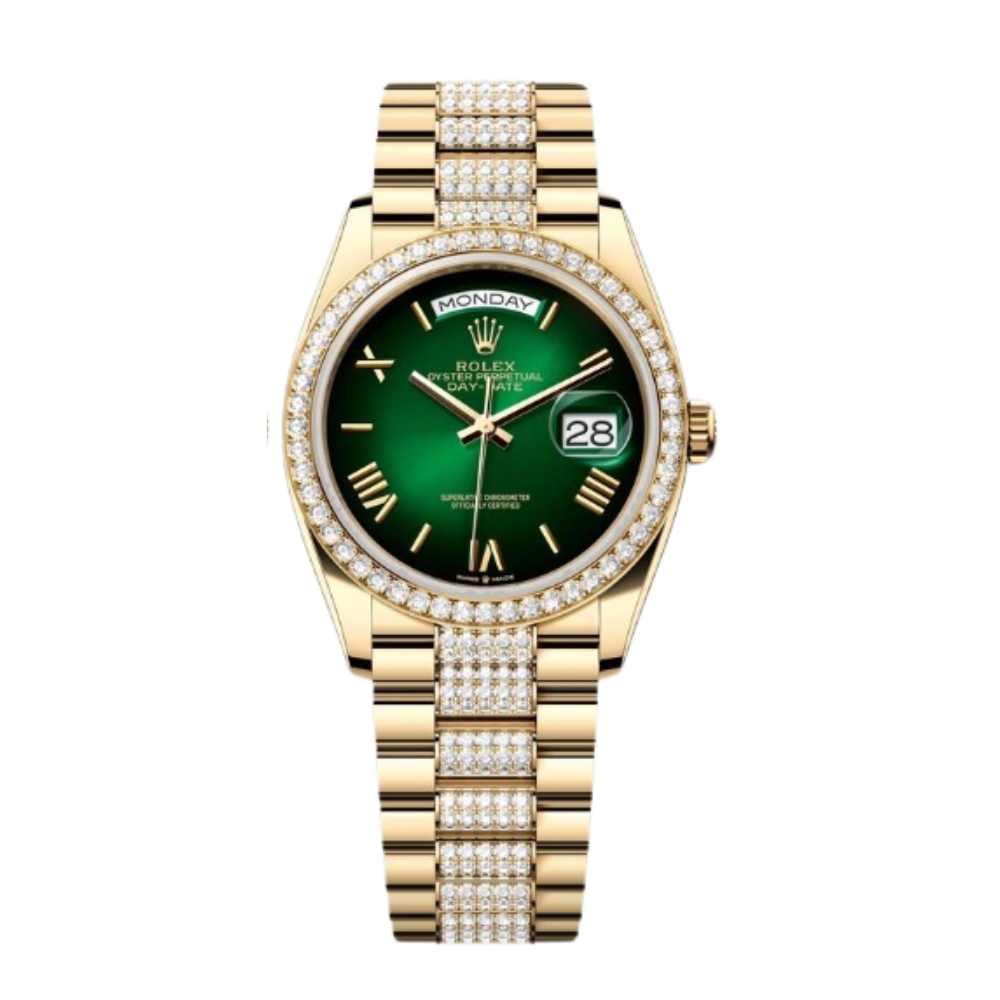 Rolex Day-Date Ref. 128348RBR 36MM Yellow Gold Case Ombré Green Dial Diamond Set Bezel and Links