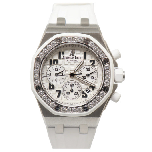 26048SK.ZZ.D010CA.01 37MM Stainless Steel Royal Oak Offshore White Dial with Diamond Bezel Preowned Complete with Box and Papers