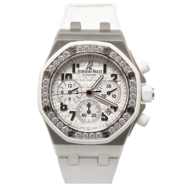 26048SK.ZZ.D010CA.01 37MM Stainless Steel Royal Oak Offshore White Dial with Diamond Bezel