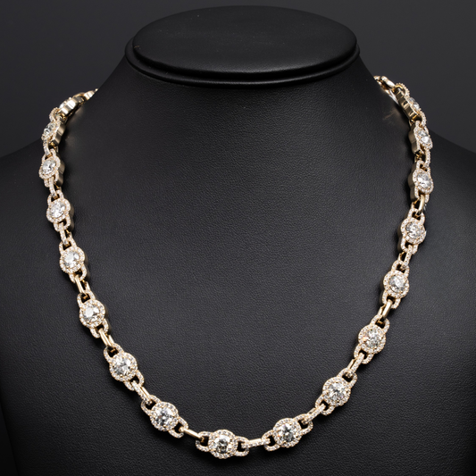 14KT YG Diamond Chain ( 96 Grams ) ( 23 *0.85:20CTW ) ( 360*0.15:5.5CTW ) ( 369*0.01:3.7CTW ) I/F Color - VS2 Clarity - 20 Inches