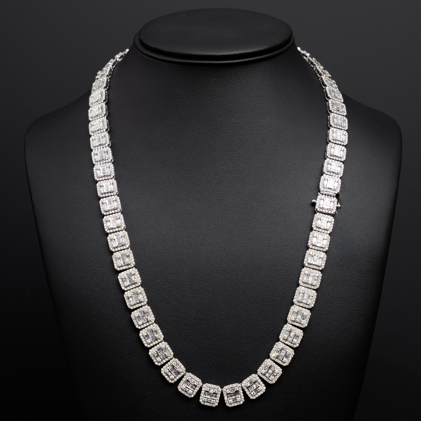 10k White Gold Square Block Diamond Necklace with Round and Baguette Stones - 10mm - 22 inches - 88.94 grams - 18.50 cts
