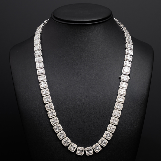 10k White Gold Square Block Diamond Necklace with Round and Baguette Stones - 10mm - 22 inches - 88.94 grams - 18.50 cts