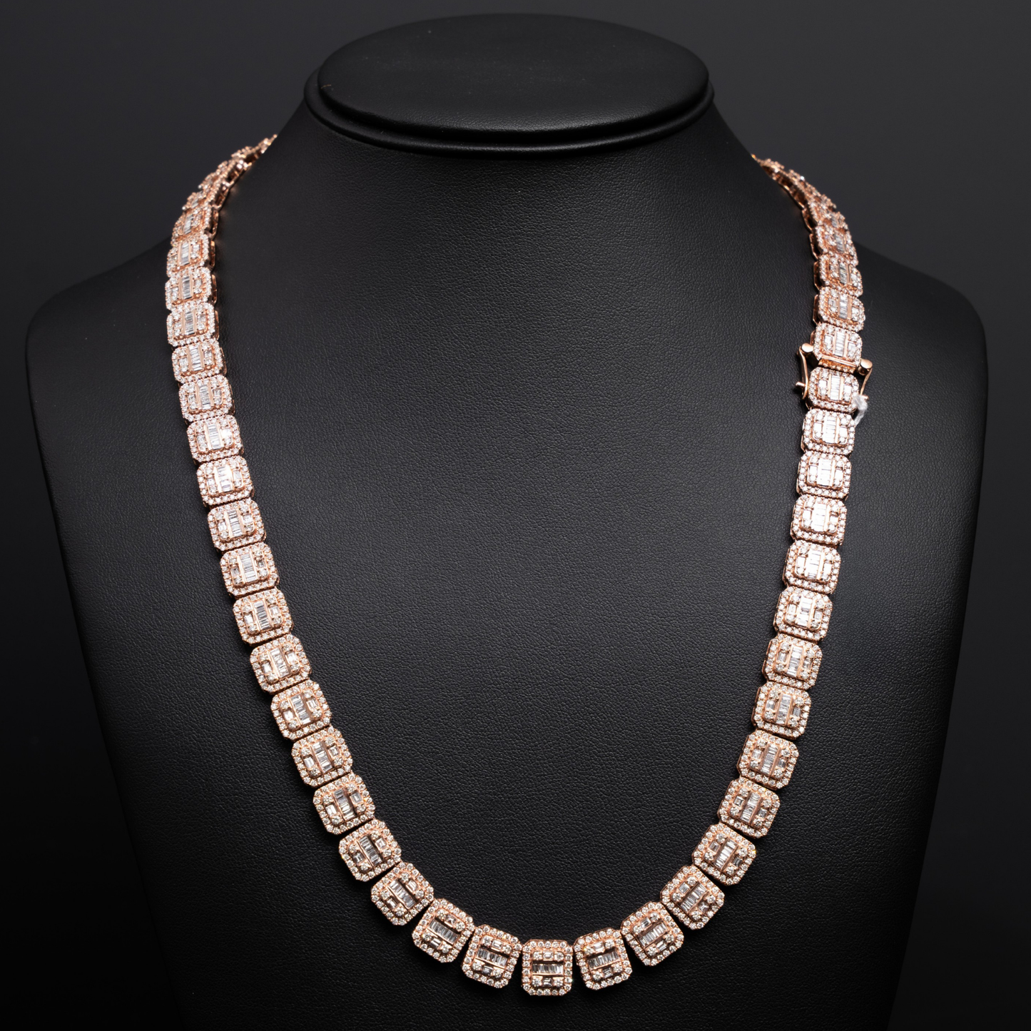 10k Rose Gold Square Block Diamond Necklace with Round and Baguette Stones - 10mm - 22 inches - 97.1 grams - 27.38 cts