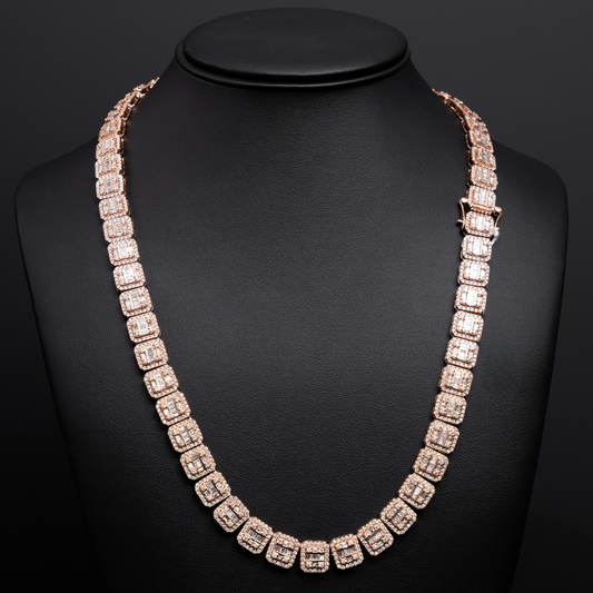 10k Rose Gold Square Block Diamond Necklace with Round and Baguette Stones - 10mm - 22 inches - 97.1 grams - 27.38 cts