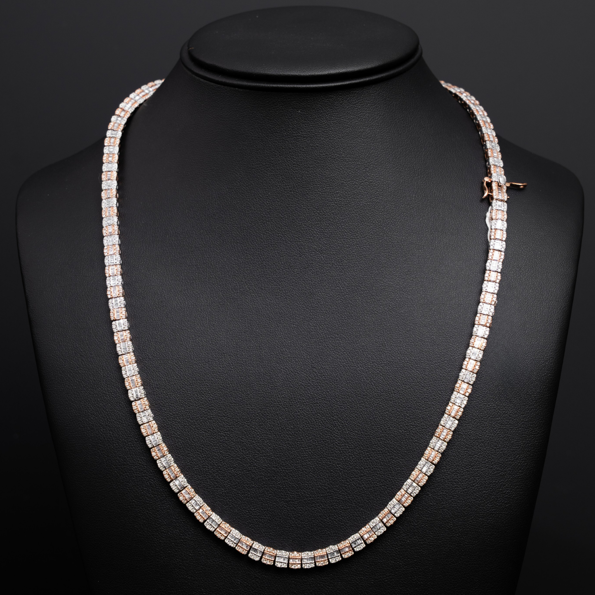 10k 2- Tone Rose & White Gold Block Diamond Necklace - Rounds and Baguettes - 47.1 grams - 8.55 cts - 22 inches