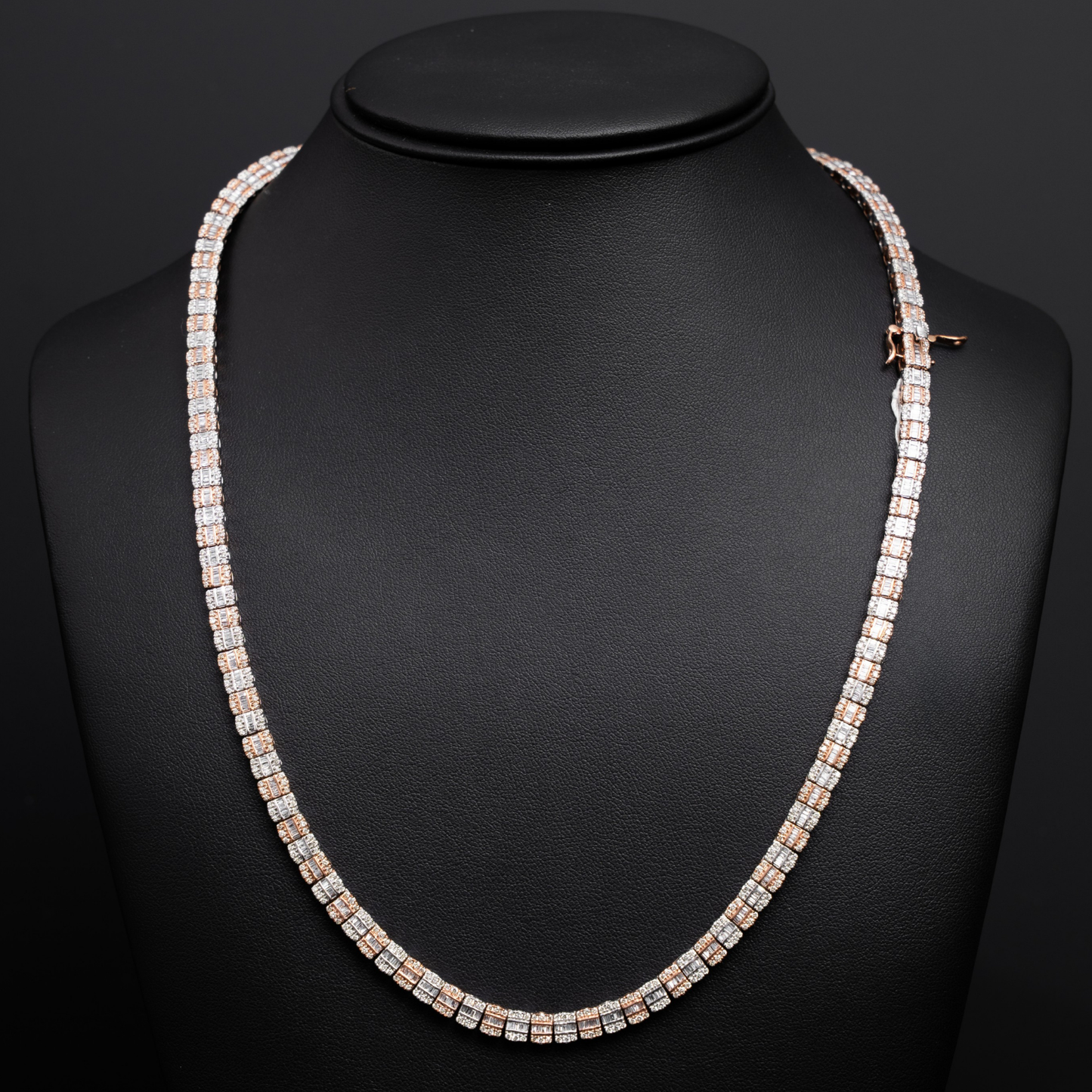 10k 2- Tone Rose & White Gold Block Diamond Necklace - Rounds and Baguettes - 47.1 grams - 8.55 cts - 22 inches