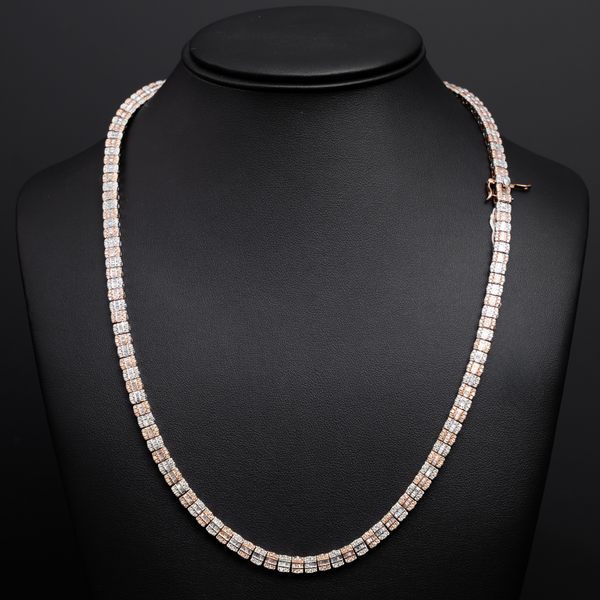 10k 2- Tone Rose & White Gold Block Diamond Necklace - Rounds and Baguettes - 47.1 grams - 8.55 cts - 22 inches
