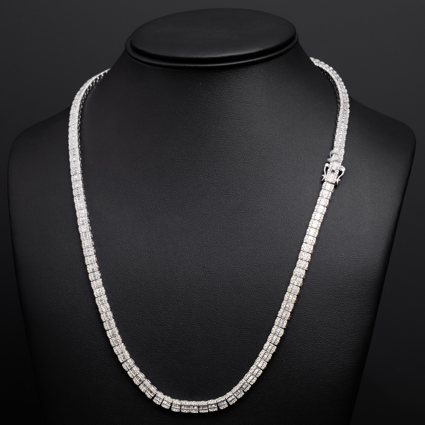 10k White Gold Block Diamond Necklace - Rounds and Baguettes - 46 grams - 8.21 cts - 22 inches