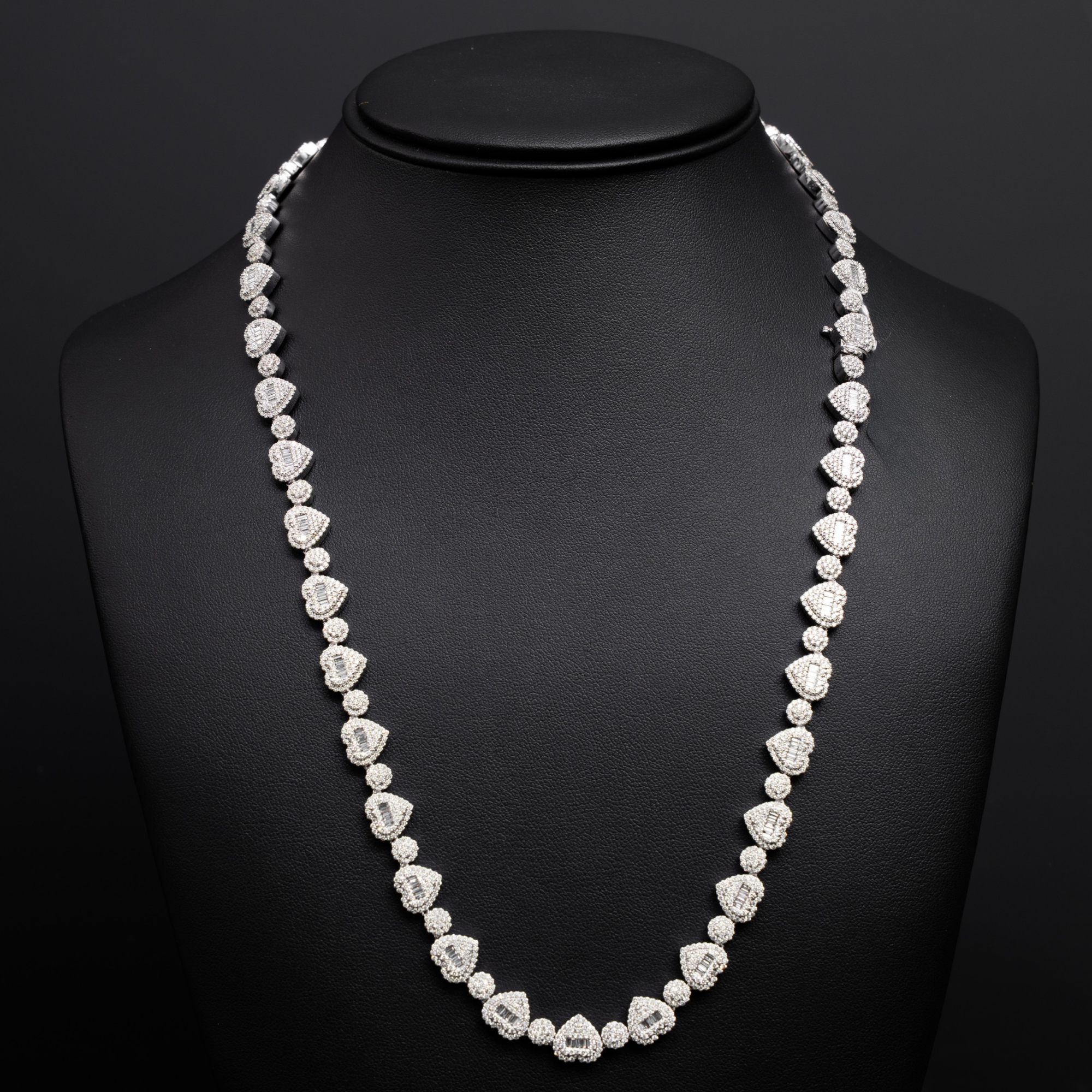 10k White Gold Heart Shaped Diamond Necklace - Round & Baguettes - 61 grams - 11.55 cts - 22 inches