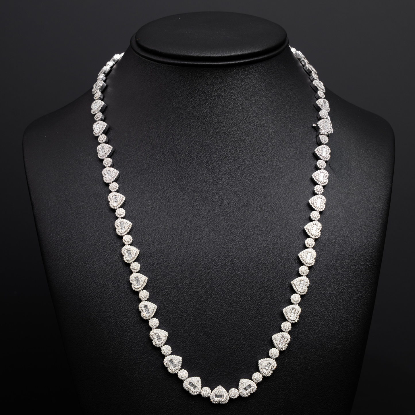 10k White Gold Heart Shaped Diamond Necklace - Round & Baguettes - 61 grams - 11.55 cts - 22 inches