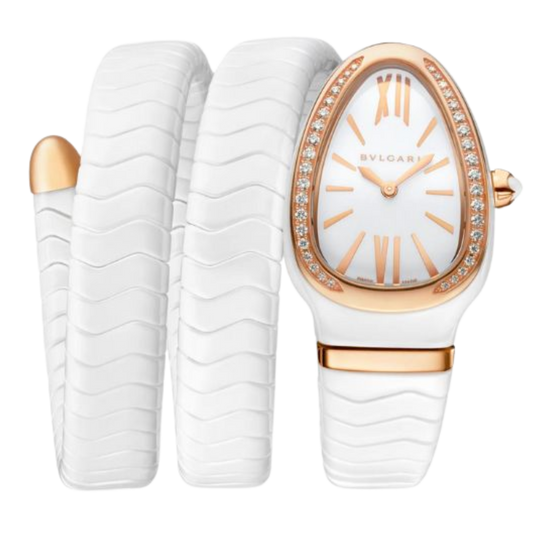 Bvlgari Ref. 102886 White Ceramic White Dial Double Coil Sepenti with Rose Gold/Diamond Bezel