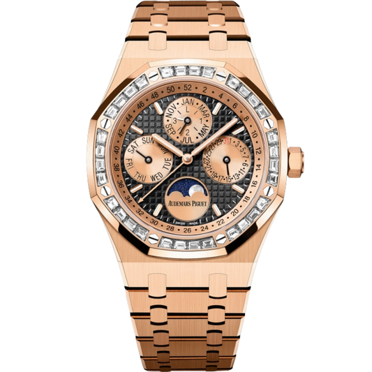Audemars Piguet Ref. 26614OR.ZZ.1220OR.01 Rose Gold Perpetual Calendar with Black Dial / Rose Gold Subdials / Factory Baguette Bezel