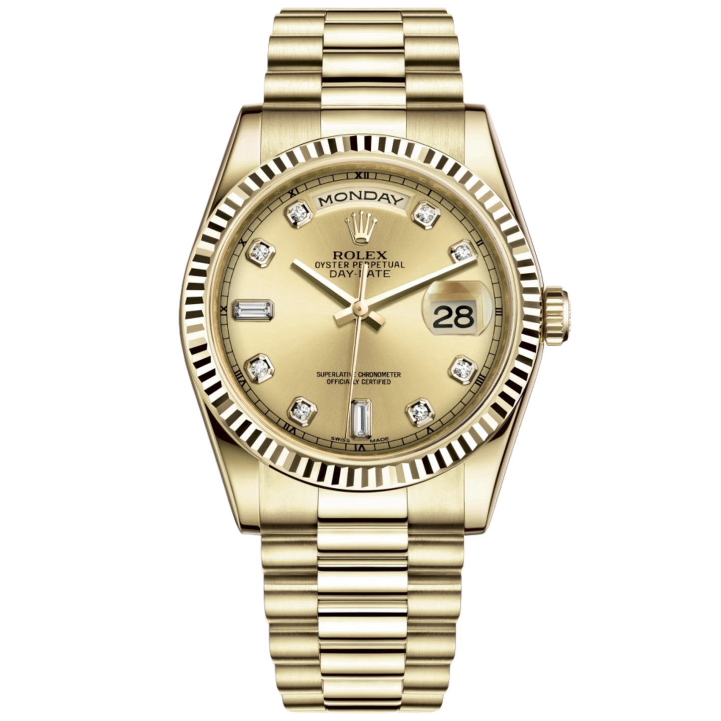 Rolex Day Date Ref. 118238 Yellow Gold 36mm Champagne Dial 8 Round Dia, 2 Baguette Dial