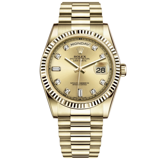 Rolex Day Date Ref. 118238 Yellow Gold 36mm Champagne Dial 8 Round Dia, 2 Baguette Dial
