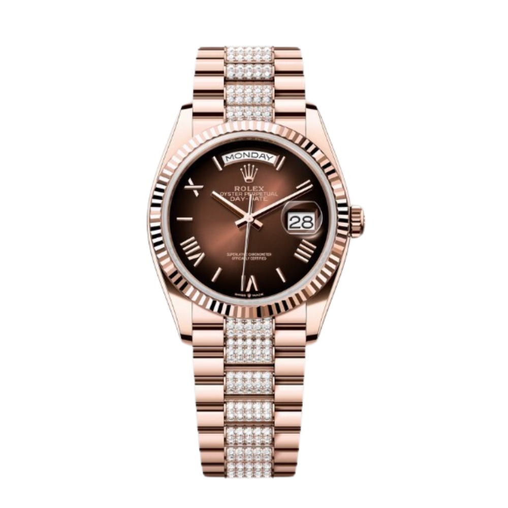 Rolex Day-Date Ref. 128235 36MM Everose Gold Case Ombré Brown Dial Diamond Set Links