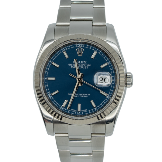 Rolex Datejust Ref. 116234 36MM Stainless Steel Blue Dial Fluted Bezel Roulette Date Wheel on Oyster