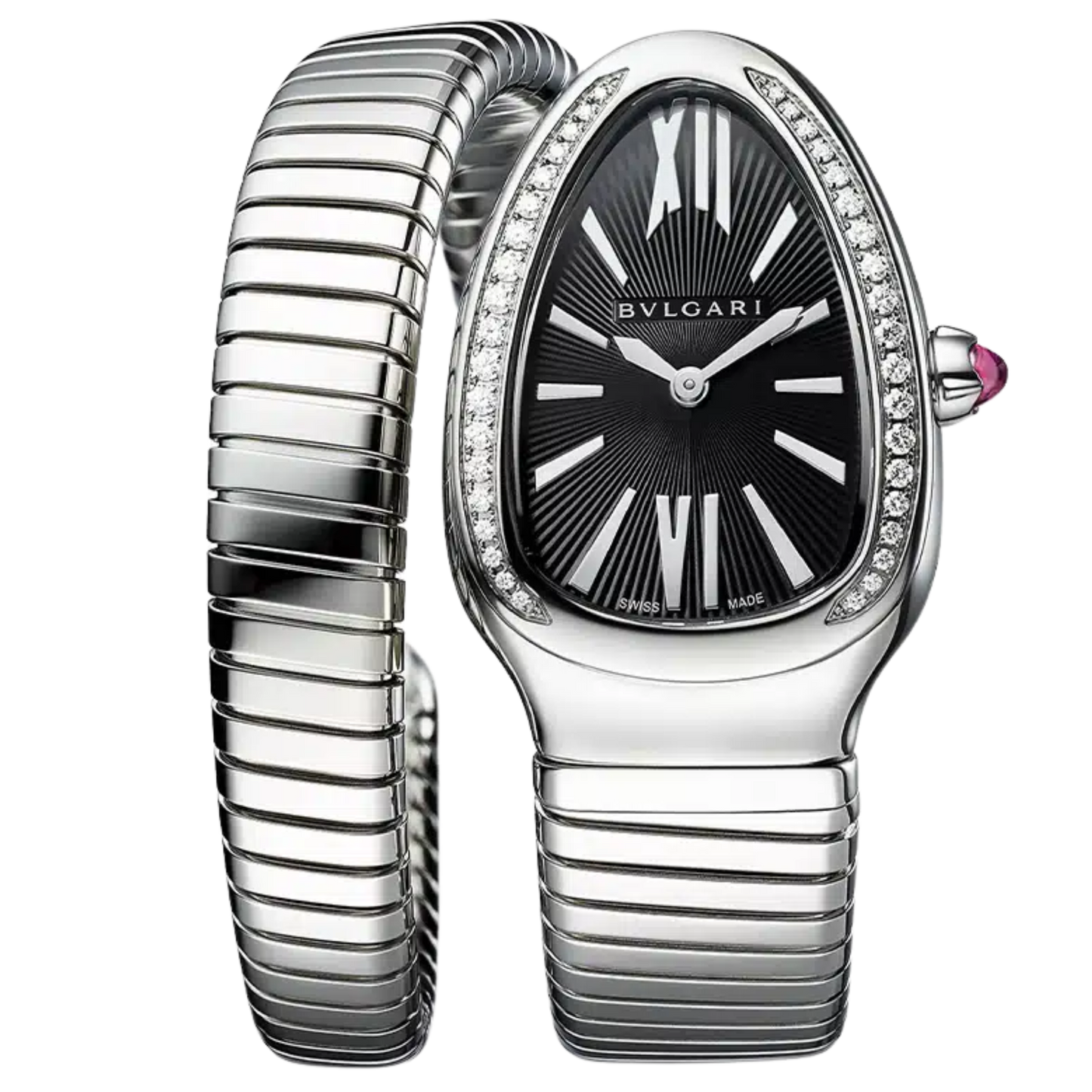 Bvlgari Ref. 103434 Stainless Steel Single Coil Serpenti Black Dial with Diamond Bezel