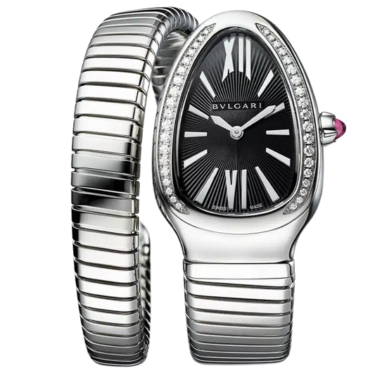 Bvlgari Ref. 103434 Stainless Steel Single Coil Serpenti Black Dial with Diamond Bezel