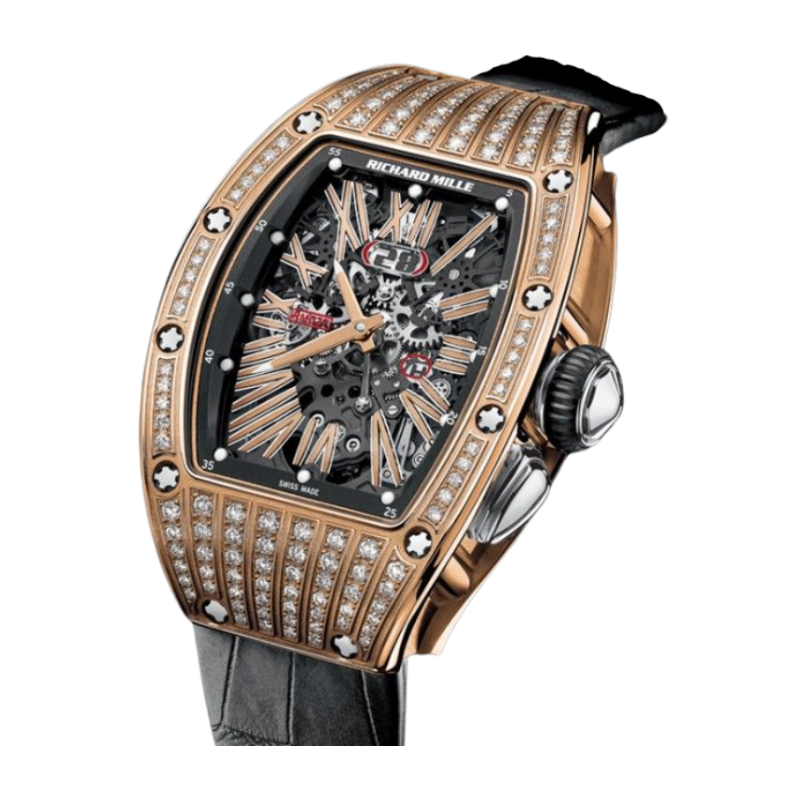 RM 037 Rose Gold and Diamonds Leather Strap Skeletonized Dial Rose Gold Case and a Ceramic Diamond Set Bezel