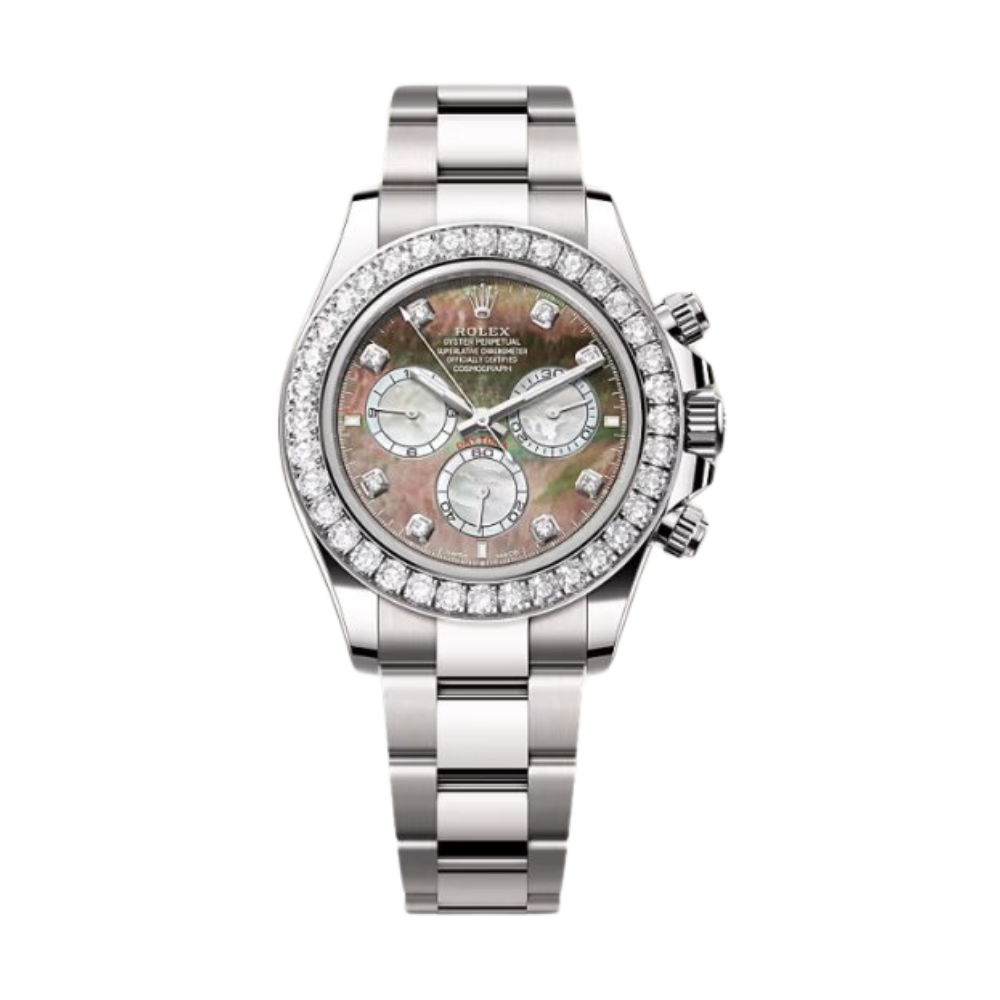 Rolex Daytona Ref. 126579RBR White Gold Case Black Mother of Pearl Dial with Diamonds and Diamond-Set Bezel