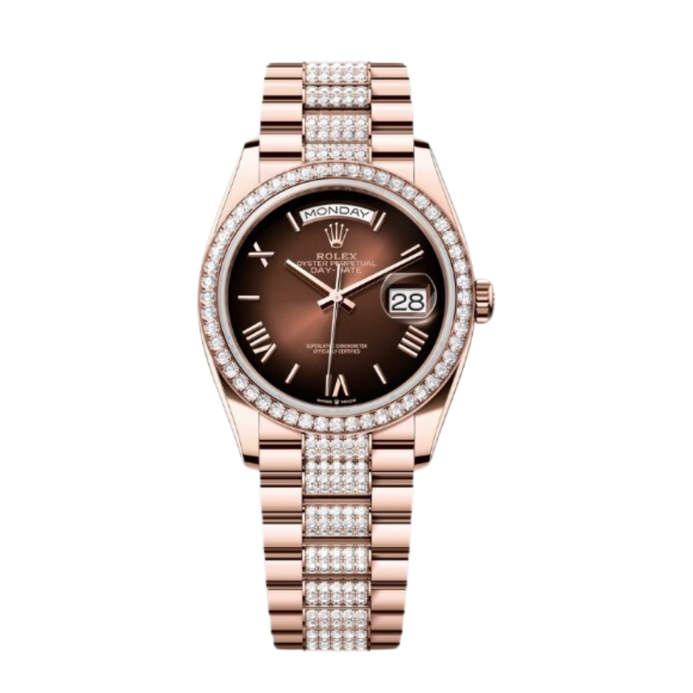 Rolex Day-Date Ref. 128345RBR 36MM Everose Gold Case Ombré Brown Dial Diamond Set Bezel and Links