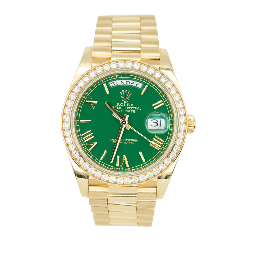 Rolex Day Date Ref. 228348RBR 40MM Yellow Gold White Roman Dial with Diamond Bezel (CONVERTED TO AM GREEN DIAL)