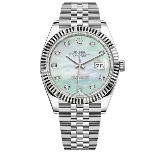 Rolex Datejust Ref. 126334 41mm Stainless Steel Jubilee Band White Gold Fluted Bezel Mother of Pearl Diamond Dial