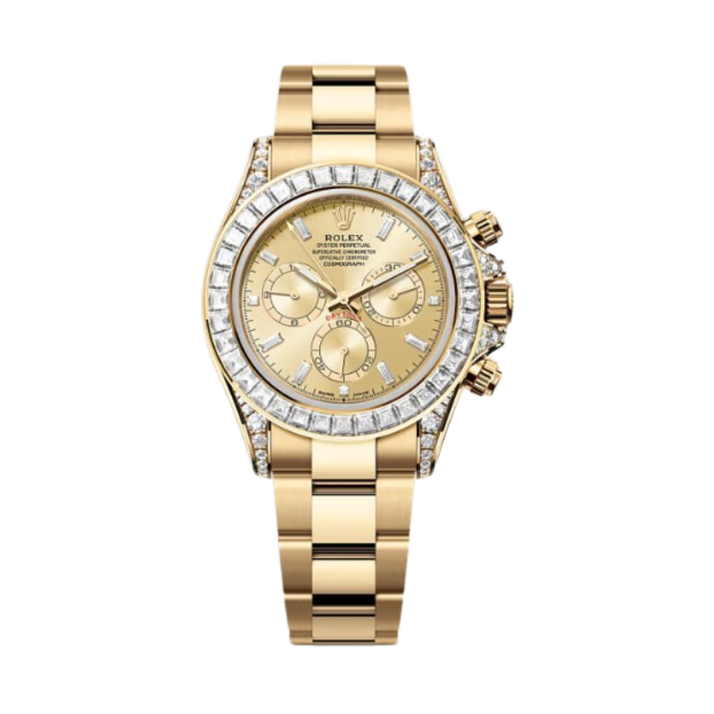 Rolex Daytona Ref. 126598TBR Yellow Gold Case Gold Dial with Baguette Diamonds and Diamond-Set Bezel