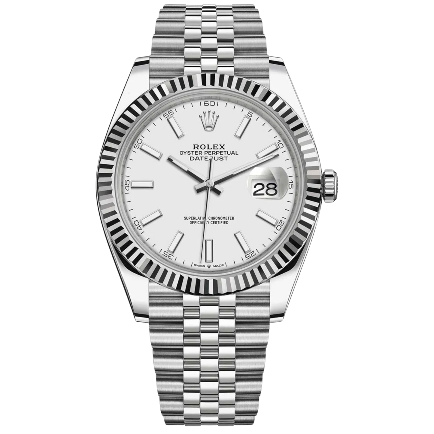 Rolex Datejust Ref. 126334 41mm Stainless Steel Jubilee Band White Gold Fluted Bezel Stick Dial