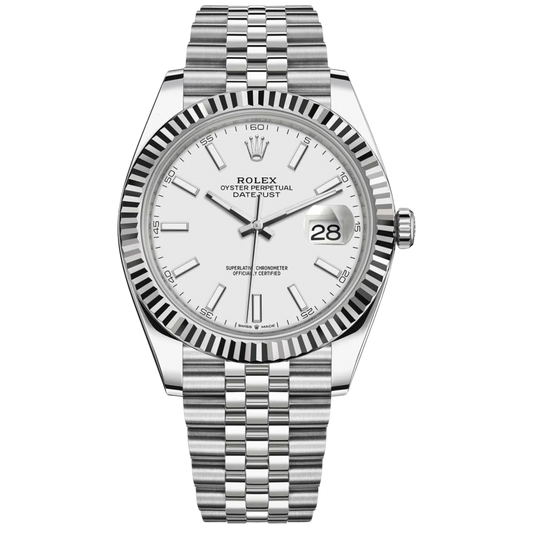Rolex Datejust Ref. 126334 41mm Stainless Steel Jubilee Band White Gold Fluted Bezel Stick Dial