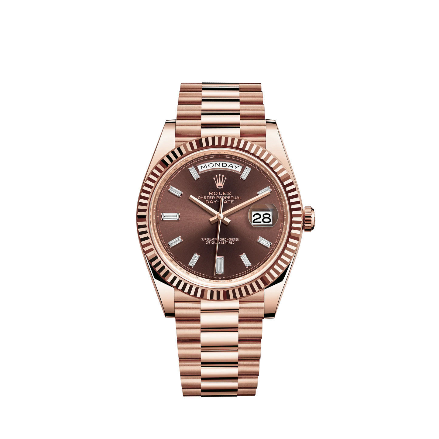 Rolex  Day Date Ref. 228235 40MM Rose Gold Chocolate Dial with Baguette Markers