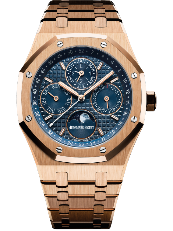 Audemars Piguet 41MM Royal Oak Perpetual Calendar, Rose Gold, Blue Dial  Complete with Box and Papers (Non winder box) Ref. 26574OR.OO.1220OR.02